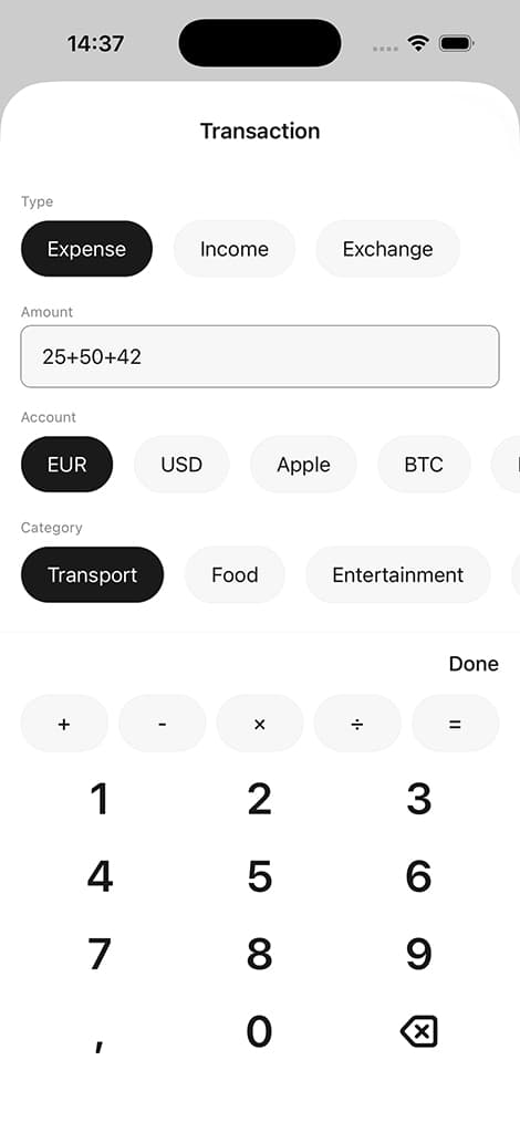 Monlio add transaction screen with type selector, category chips, and built-in calculator keypad