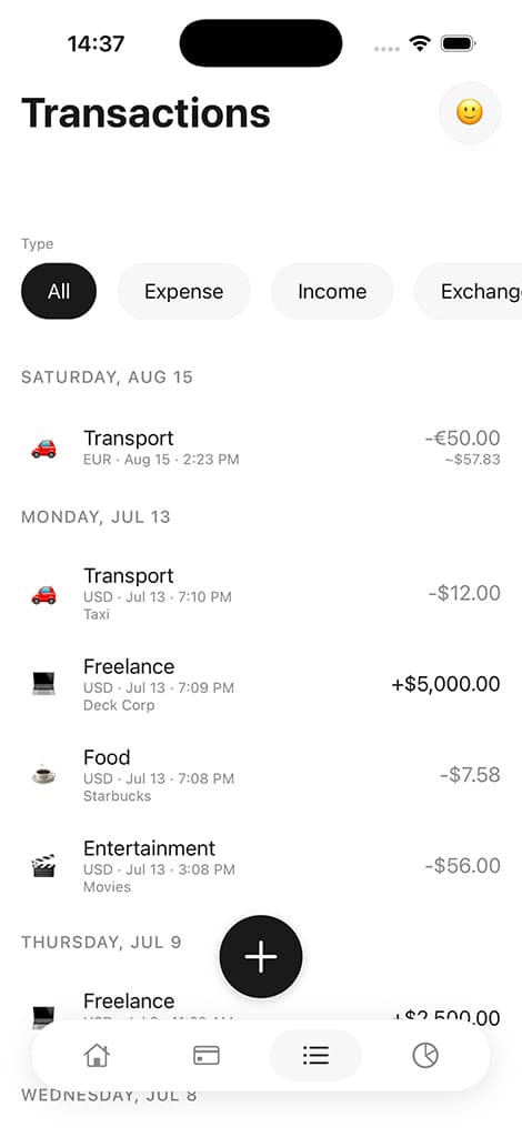 Monlio transactions screen with filters and a chronological transaction list